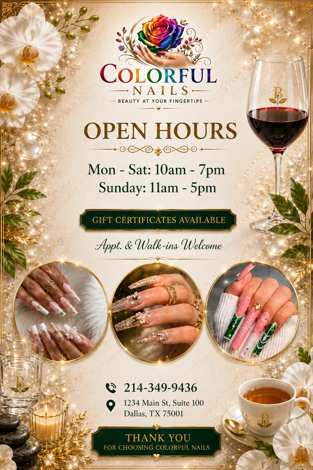 Colorful Nails cover menu with salon hours and contact details