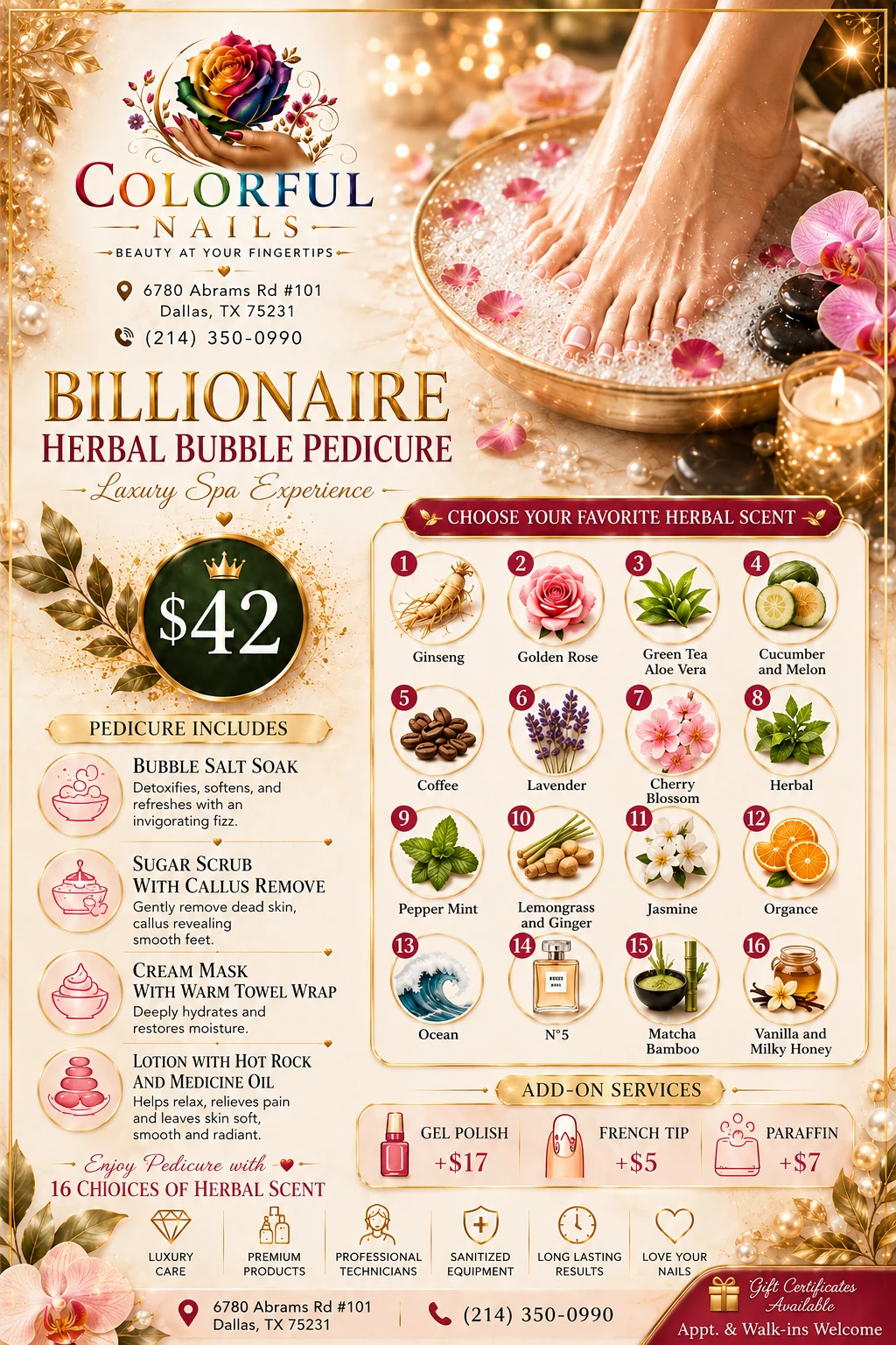Billionaire herbal bubble pedicure menu