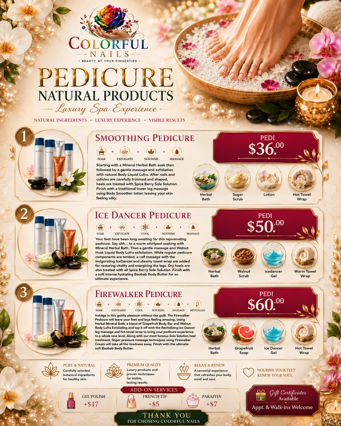 Natural pedicure packages menu