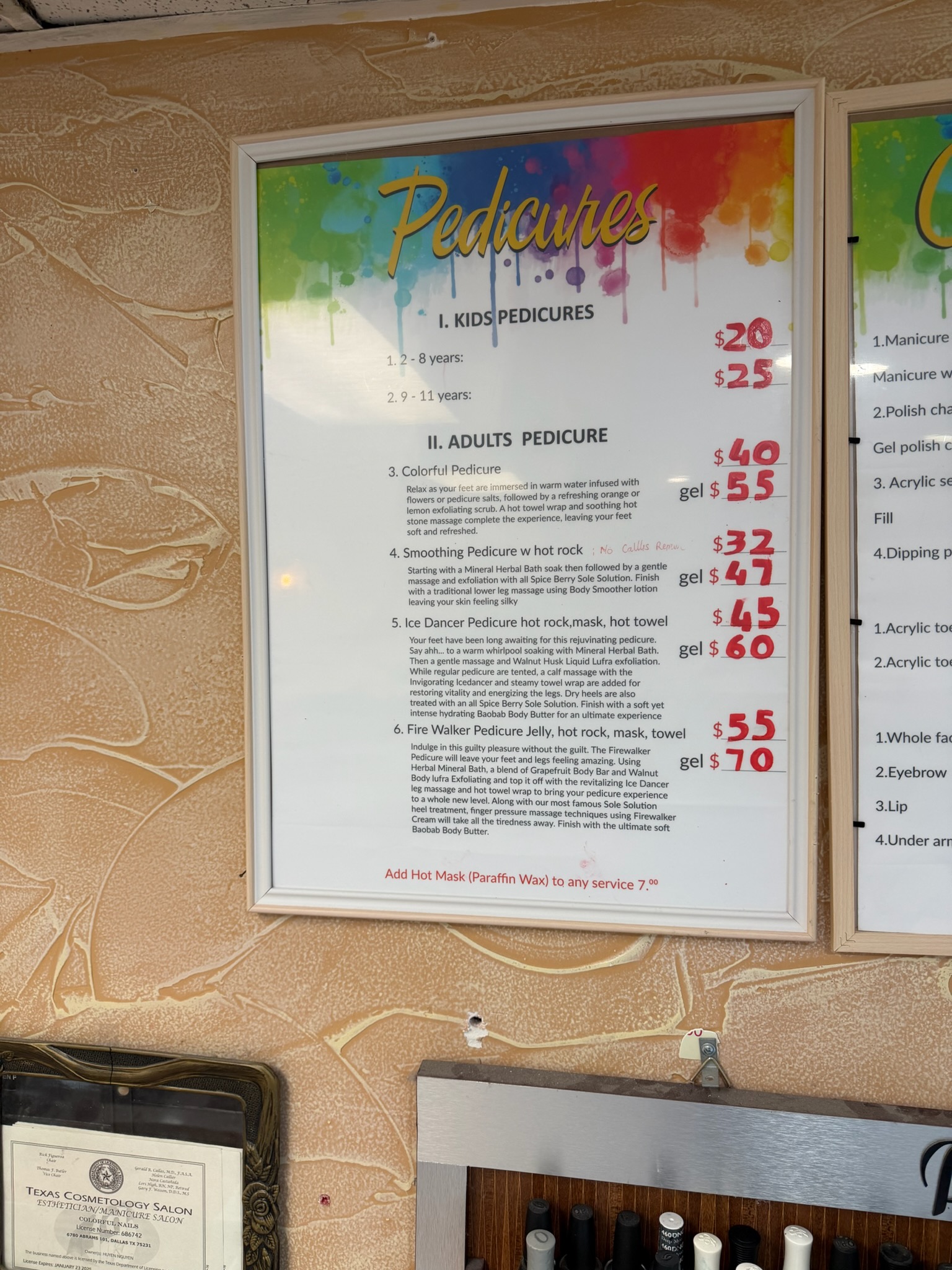 Pedicure menu at Colorful Nails